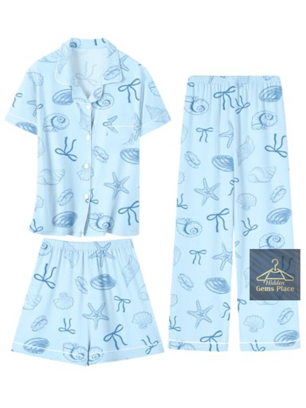 Girls 3 Piece Pajama Set Soft Polyester Spandex Button Down Short Sleeve